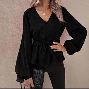 Drawstring waist lantern sleeve babydoll blouse